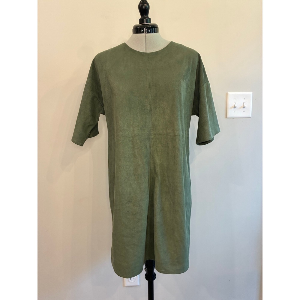 Charlie O. by Kinnucans Olive Green Faux Suede Shift Dress Small Exposed Zipper